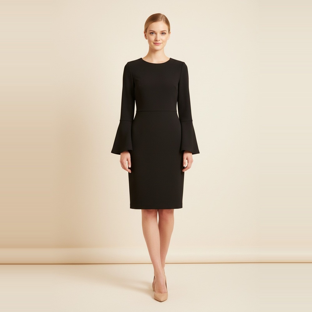 Banana Republic Womens Black Crepe Sheath Dress Bell Sleeve Keyhole Tie Bow Back